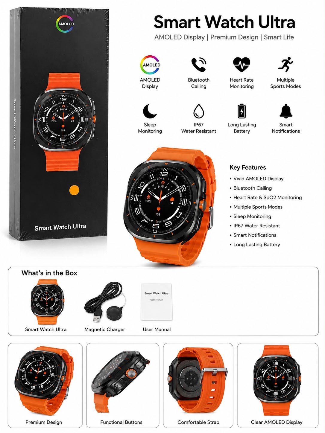 Smart Watch Ultra AMOLED Display Bluetooth Calling Smartwatch