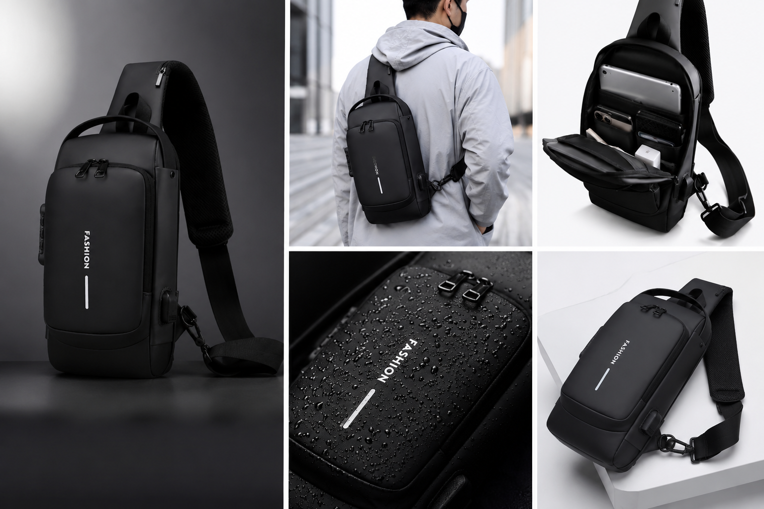 Black Men & Women Sling Bag Waterproof AntiTheft Polyester Slim Leisure Travel Crossbody/Chest/Shoulder bag
